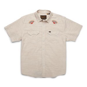 Howler Brothers Crosscut Deluxe Short Sleeve Shirt Men's in Rising Suns Charonnay Slub